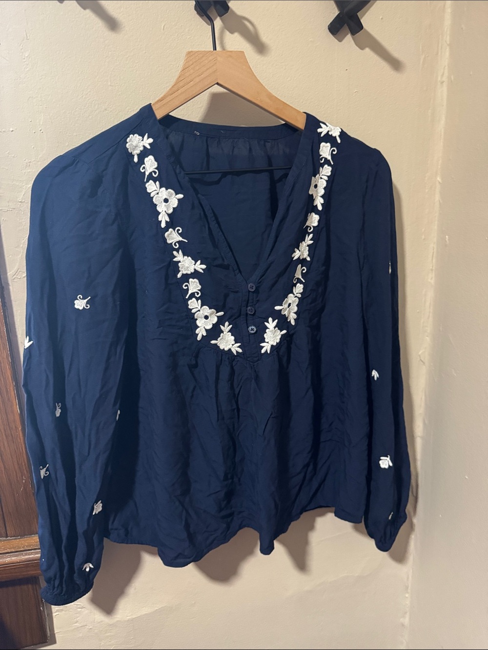 LOFT Navy V-Neck Blouse with White Floral Embroidery